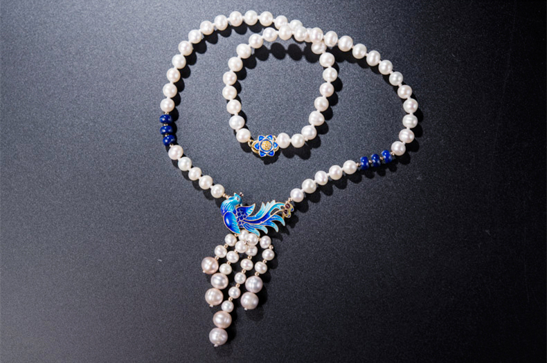 景泰藍(lán)孔雀淡水珍珠流蘇復(fù)古項鏈