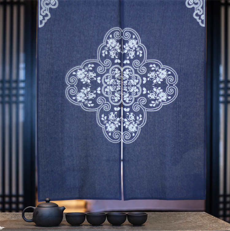 匠心啟航閱讀中式棉麻藍(lán)印花布藝門(mén)簾掛簾隔斷