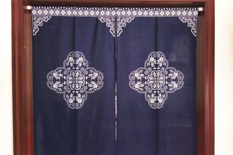 匠心啟航閱讀中式棉麻藍(lán)印花布藝門(mén)簾掛簾隔斷
