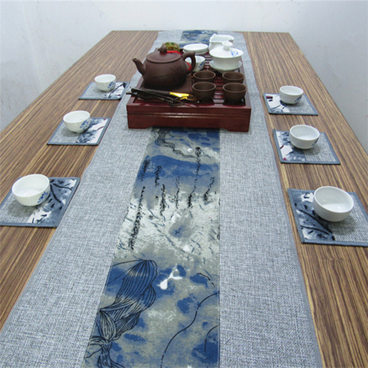 復(fù)古布藝茶巾素雅水墨粗布茶簾