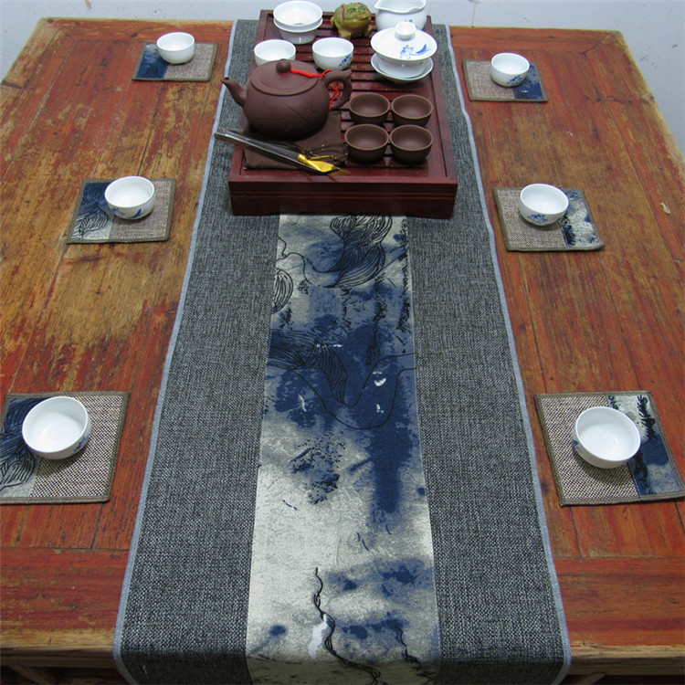 復(fù)古布藝茶巾素雅水墨粗布茶簾