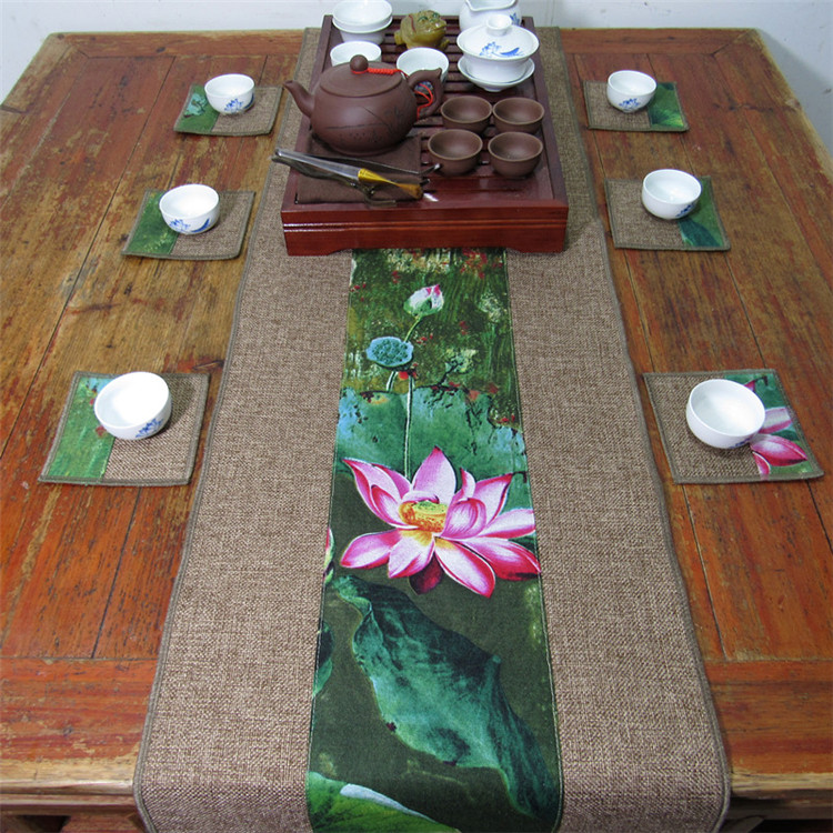 匠心啟航閱讀復(fù)古棉麻布藝禪意荷花桌旗茶巾