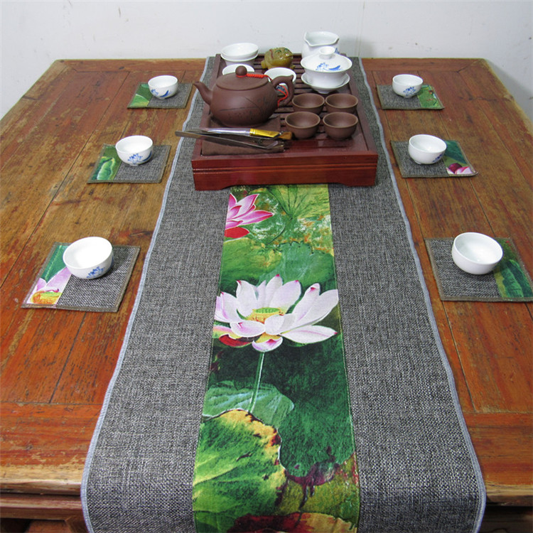 匠心啟航閱讀復(fù)古棉麻布藝禪意荷花桌旗茶巾