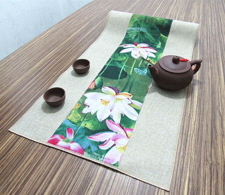 匠心啟航閱讀復(fù)古棉麻布藝禪意荷花桌旗茶巾
