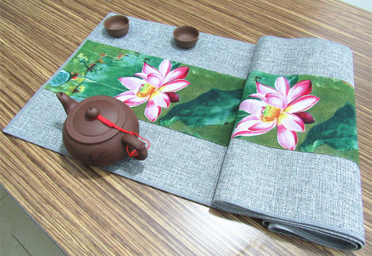 匠心啟航閱讀復(fù)古棉麻布藝禪意荷花桌旗茶巾