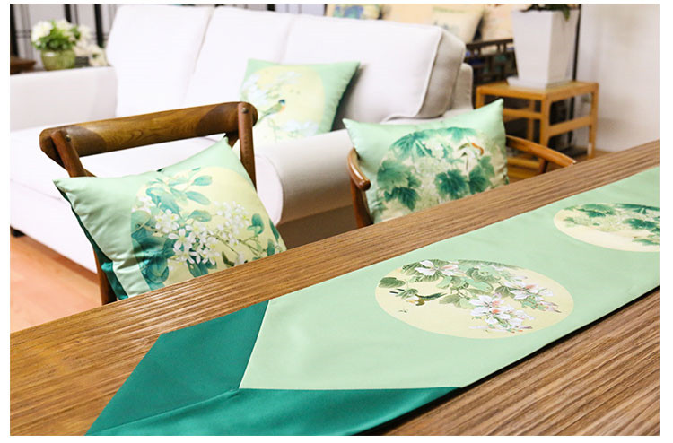 現(xiàn)代中式花鳥桌旗明清古典匠心啟航閱讀緞面印花布藝