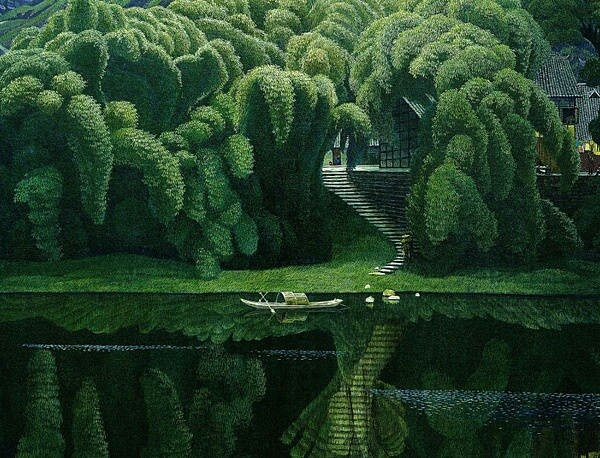 匠心啟航閱讀山水村莊油畫插畫