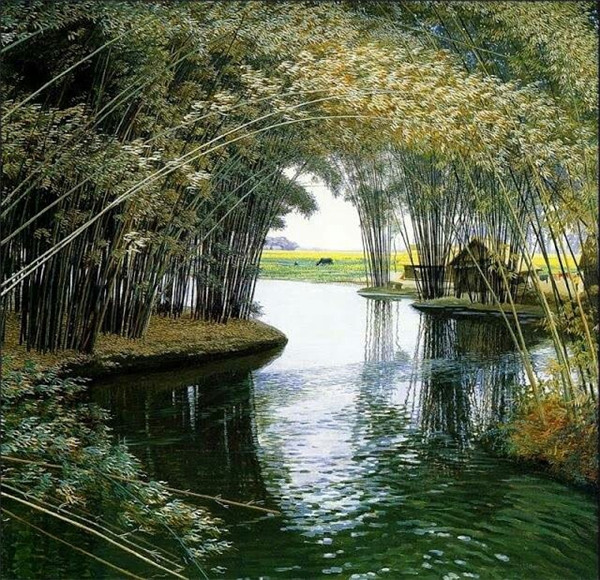 匠心啟航閱讀山水村莊油畫插畫