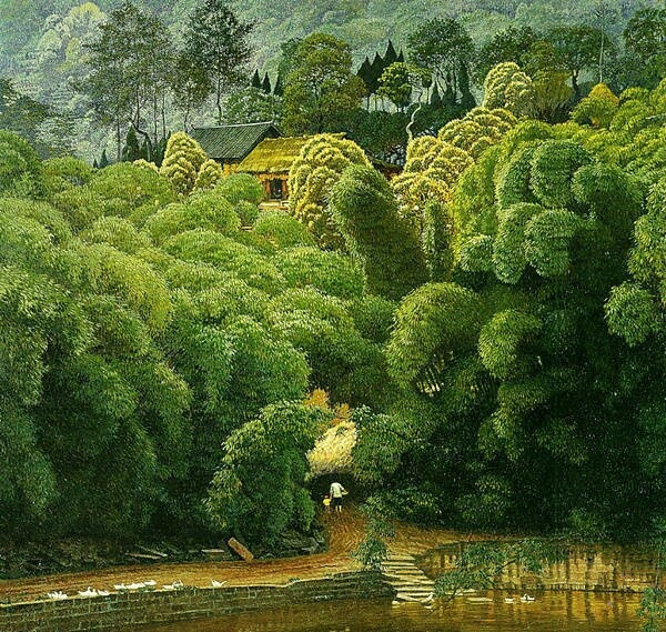 匠心啟航閱讀山水村莊油畫插畫