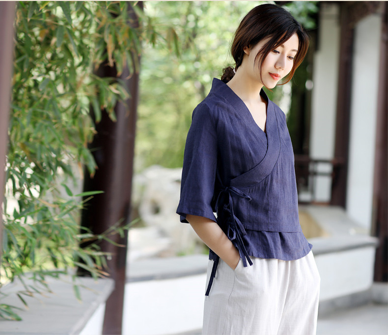中式復(fù)古茶服漢元素交領(lǐng)女夏上衣