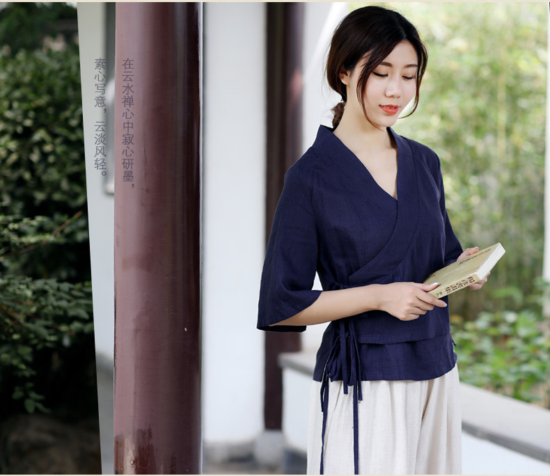 中式復(fù)古茶服漢元素交領(lǐng)女夏上衣