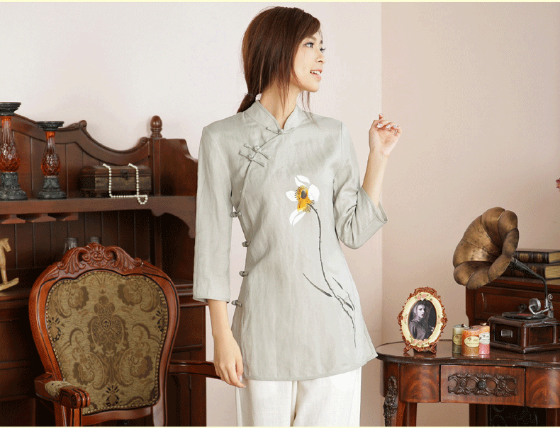 唐裝女夏秋裝棉麻服飾盤(pán)扣手繪禪意