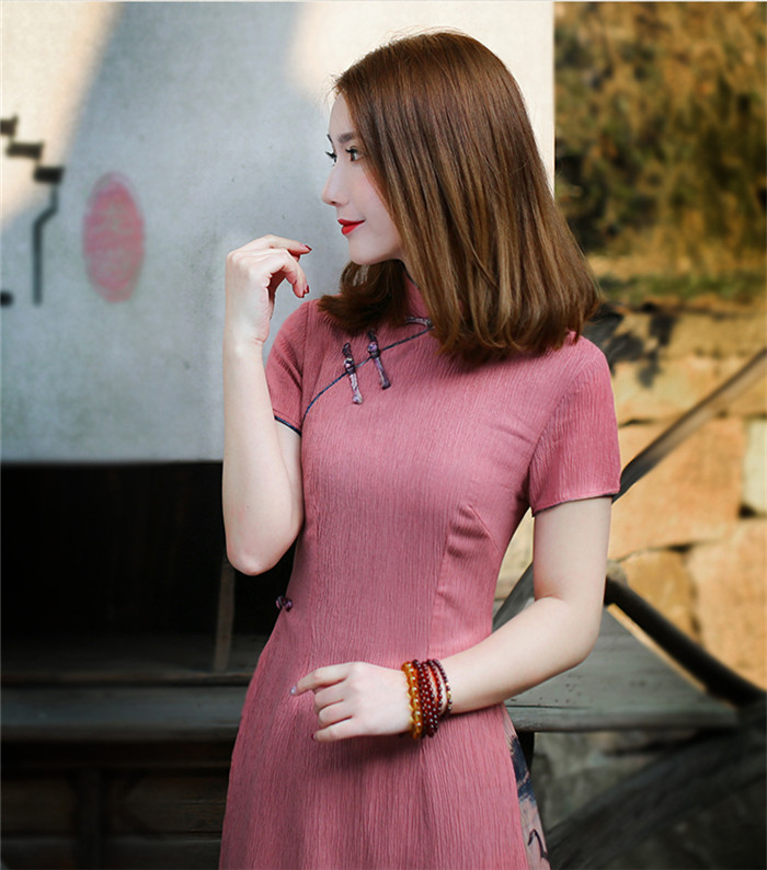 夏改良旗袍長(zhǎng)款短袖修身中式旗袍連衣裙