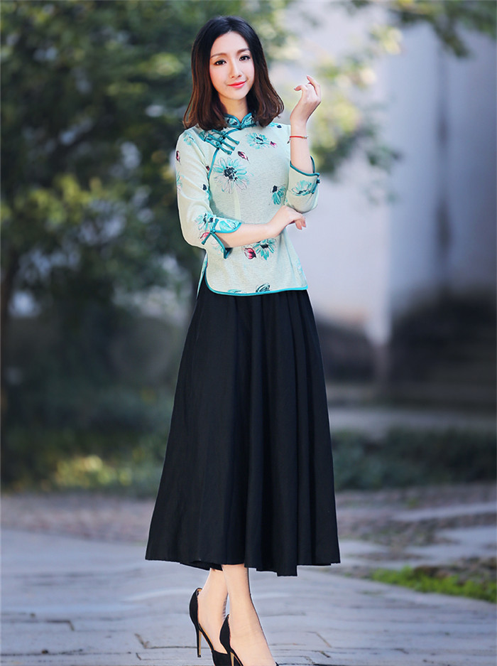 春秋裝中式唐裝女印花長(zhǎng)袖