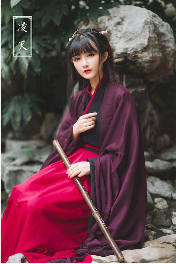 交領齊腰上黑下紅拼色漢服【凌天】