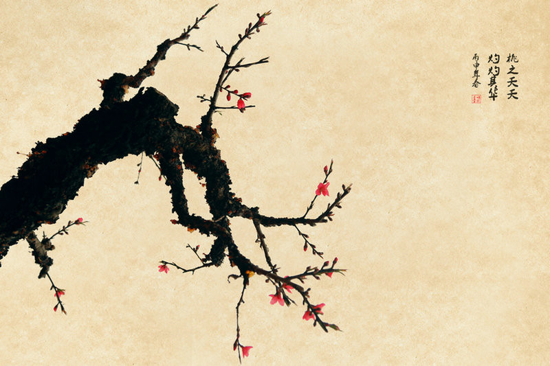 紅艷桃花繪畫國(guó)畫欣賞