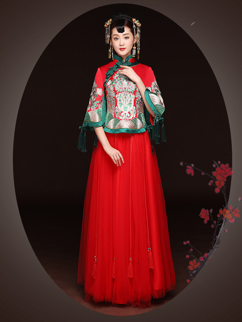 秋季新款紅色敬酒服，改良旗袍長(zhǎng)款