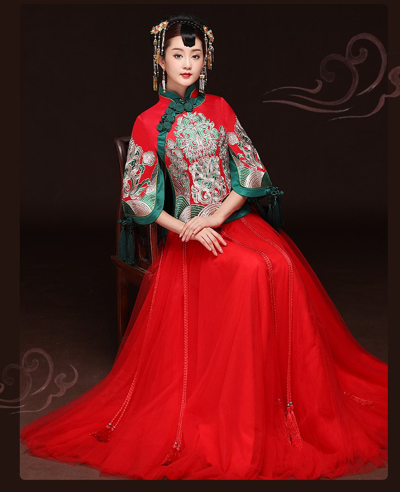 秋季新款紅色敬酒服，改良旗袍長(zhǎng)款