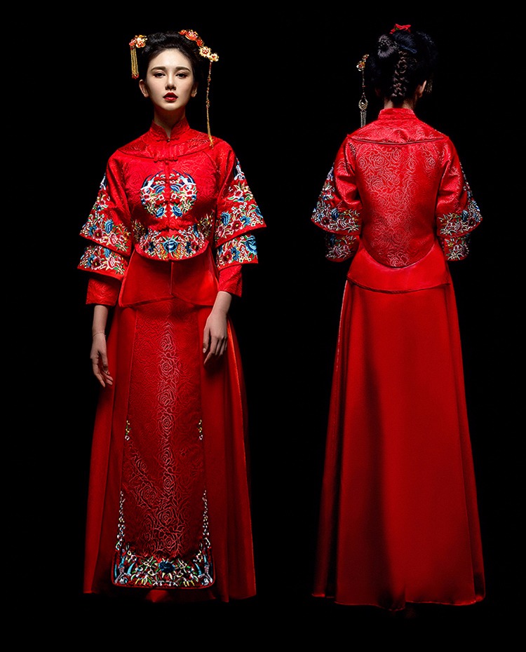 中國古典元素刺繡新娘禮服，敬酒服長袖春裝
