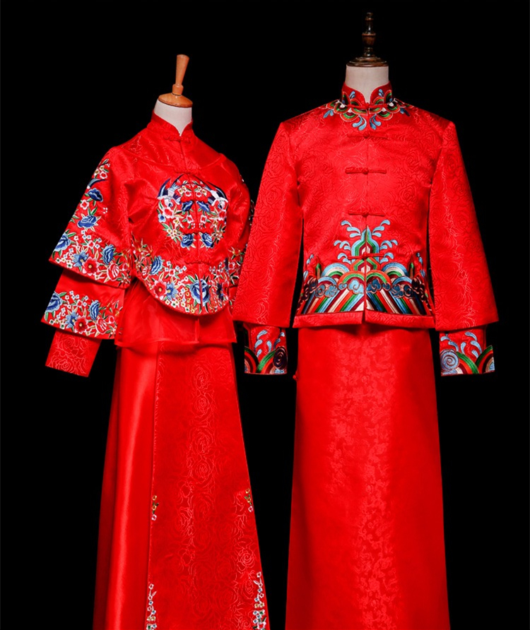 中國古典元素刺繡新娘禮服，敬酒服長袖春裝