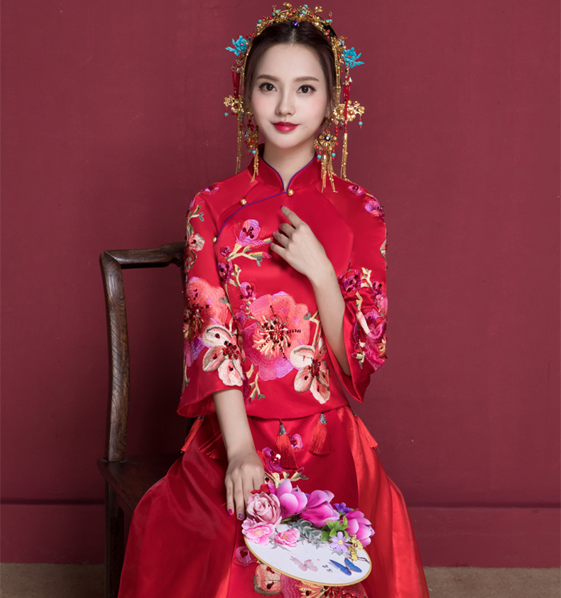 花開富貴中式新娘禮服，蘇繡桃花中袖敬酒服