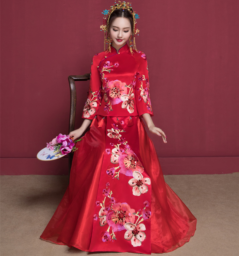花開富貴中式新娘禮服，蘇繡桃花中袖敬酒服