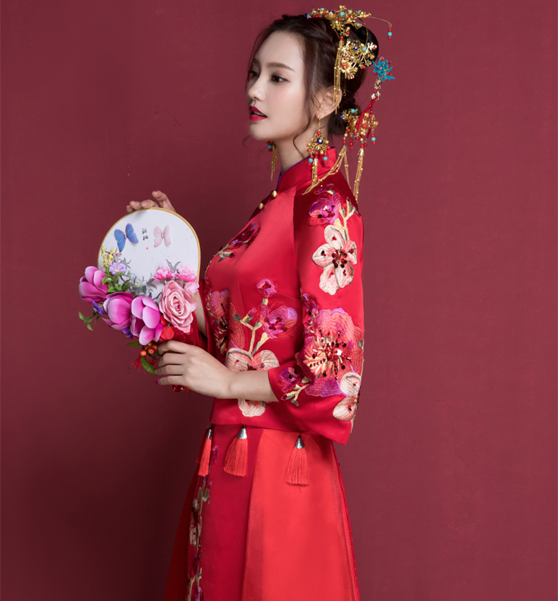 花開富貴中式新娘禮服，蘇繡桃花中袖敬酒服