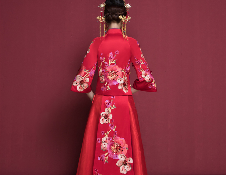 花開富貴中式新娘禮服，蘇繡桃花中袖敬酒服