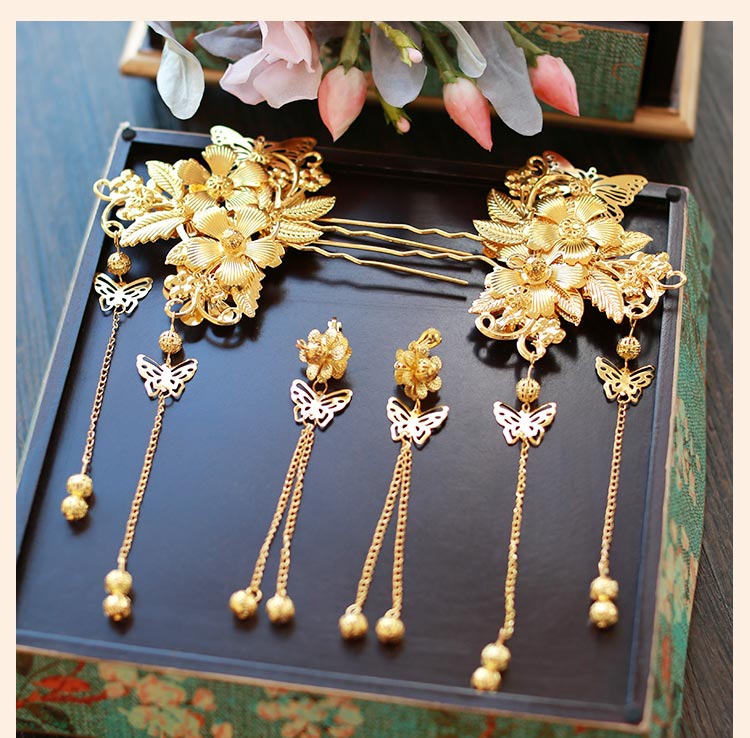 中式新娘精美頭飾，金色發(fā)飾套裝步搖鳳冠