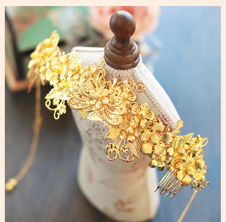 中式新娘精美頭飾，金色發(fā)飾套裝步搖鳳冠