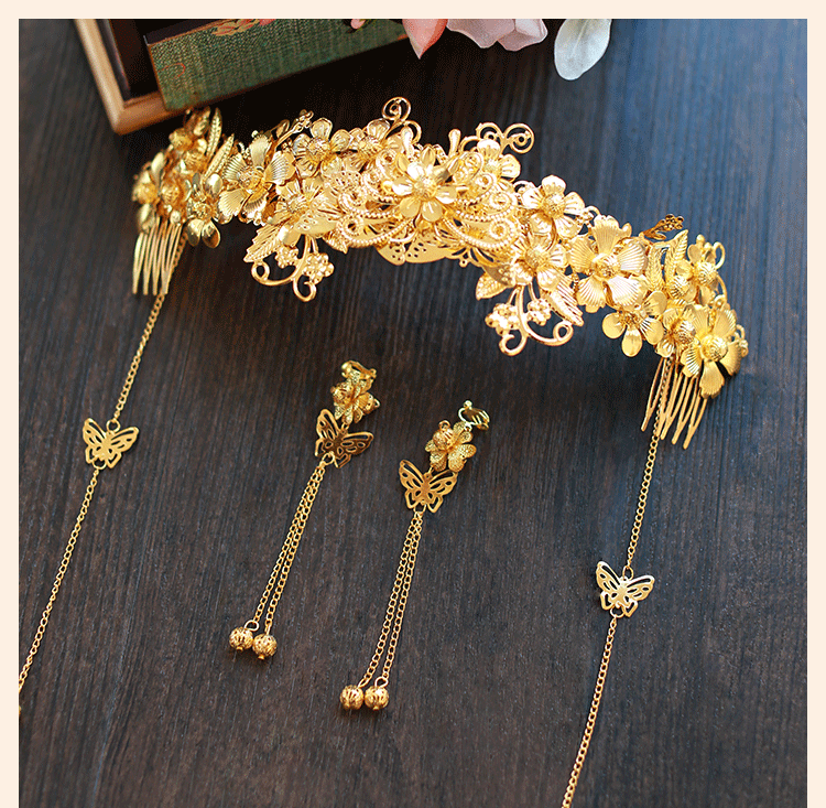 中式新娘精美頭飾，金色發(fā)飾套裝步搖鳳冠