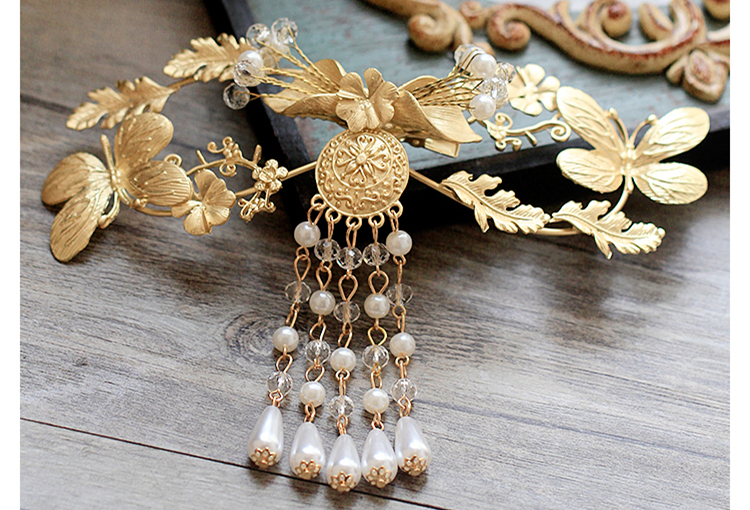 金色復(fù)古宮廷頭飾，古典蝴蝶流蘇額飾