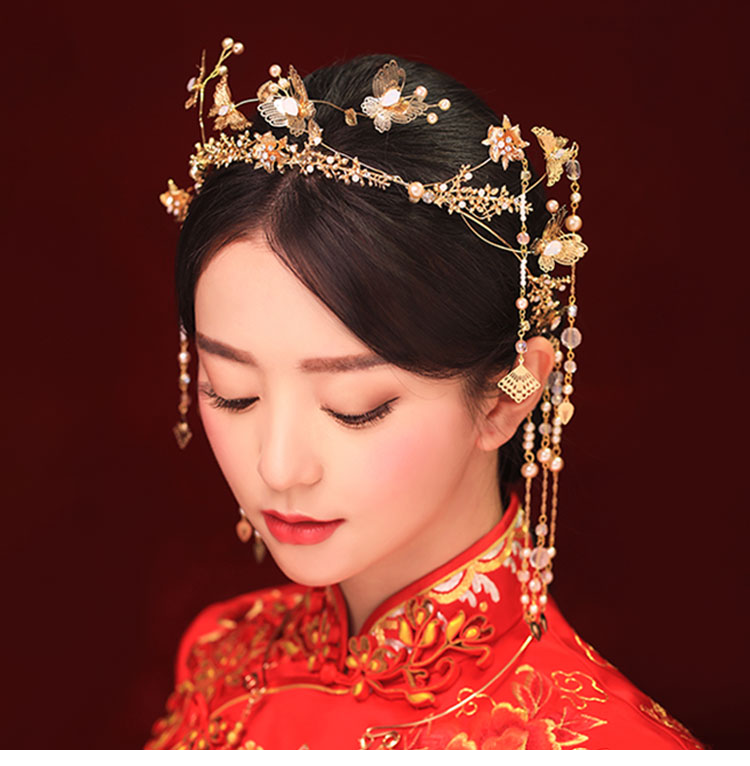 古裝頭飾金色流蘇，原創(chuàng)鳳冠發(fā)箍