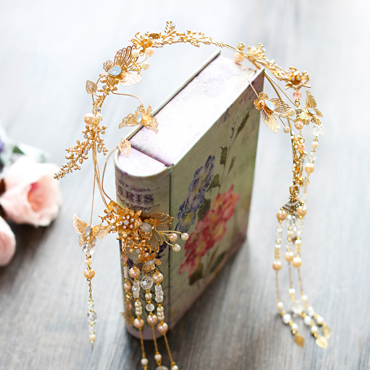 古裝頭飾金色流蘇，原創(chuàng)鳳冠發(fā)箍