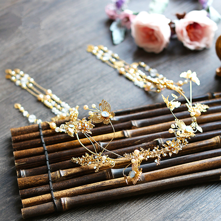 古裝頭飾金色流蘇，原創(chuàng)鳳冠發(fā)箍