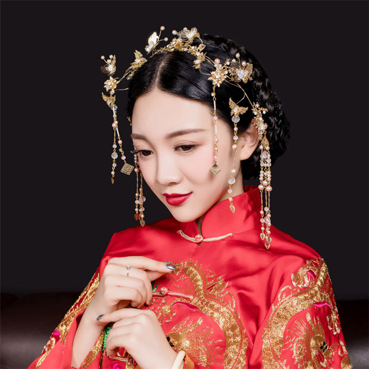 古裝頭飾金色流蘇，原創(chuàng)鳳冠發(fā)箍