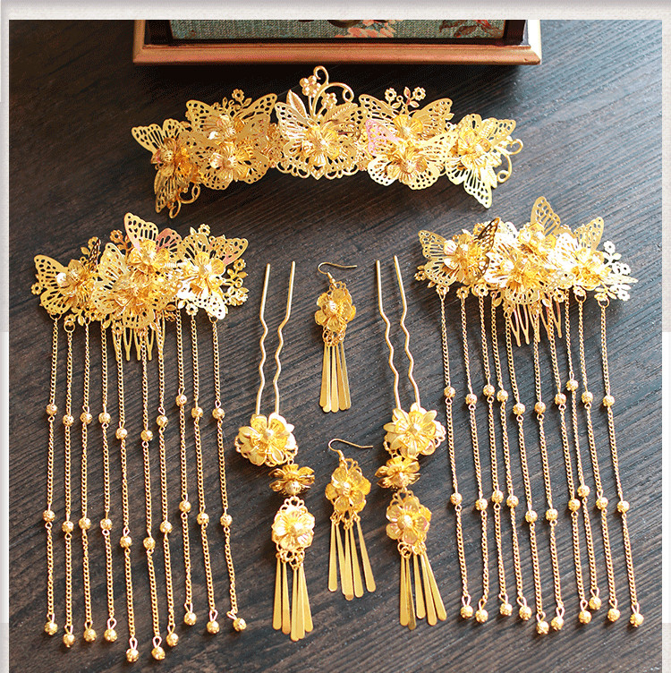 女子金色流蘇古風頭飾，鳳冠配飾品