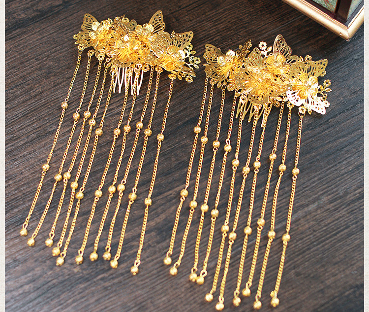 女子金色流蘇古風頭飾，鳳冠配飾品