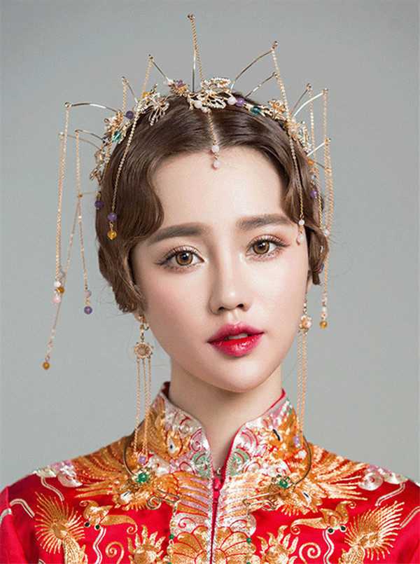 中式古典純手工發(fā)飾，婚禮頭飾蝴蝶彩珠