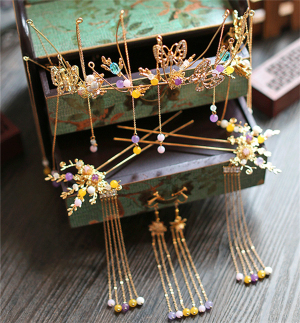 中式古典純手工發(fā)飾，婚禮頭飾蝴蝶彩珠