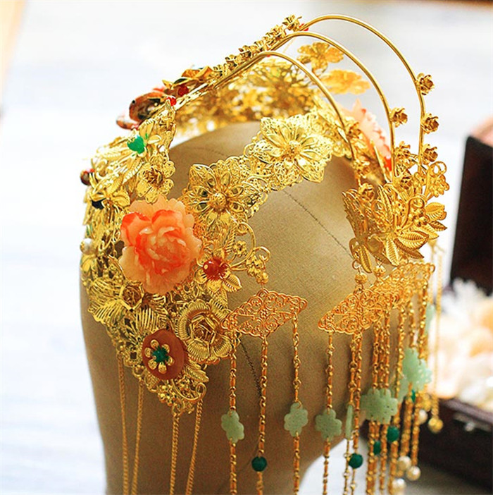 新娘古裝頭飾翠霞，中式婚禮發(fā)飾