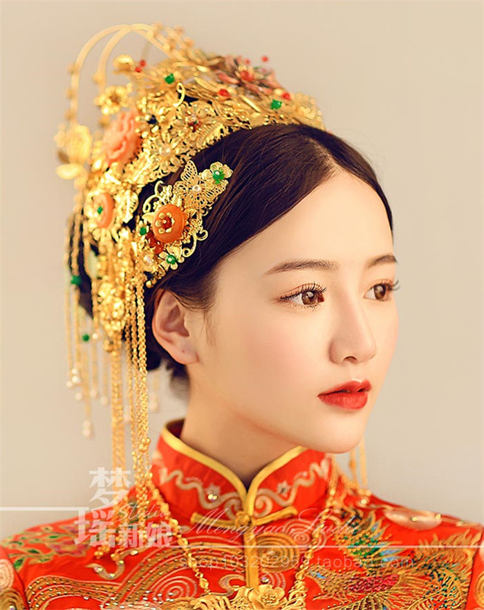 新娘古裝頭飾翠霞，中式婚禮發(fā)飾