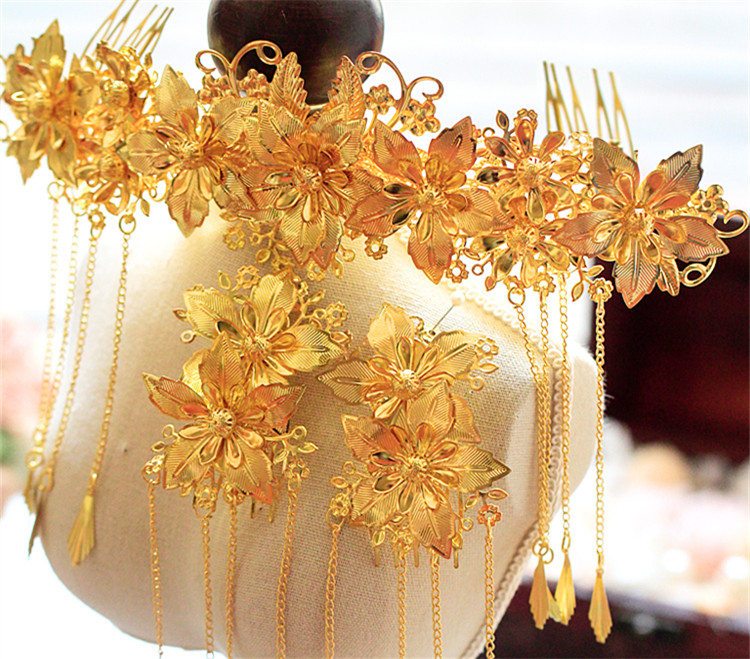 中式新娘步搖頭飾，金色古裝發(fā)飾套裝