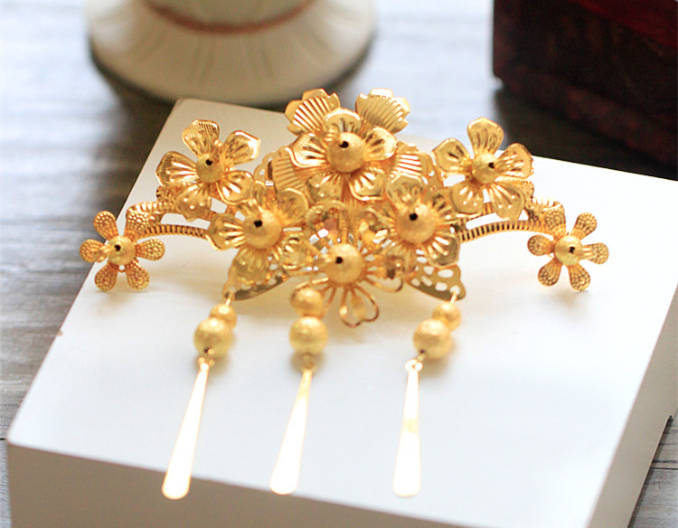 中式新娘步搖頭飾，金色古裝發(fā)飾套裝