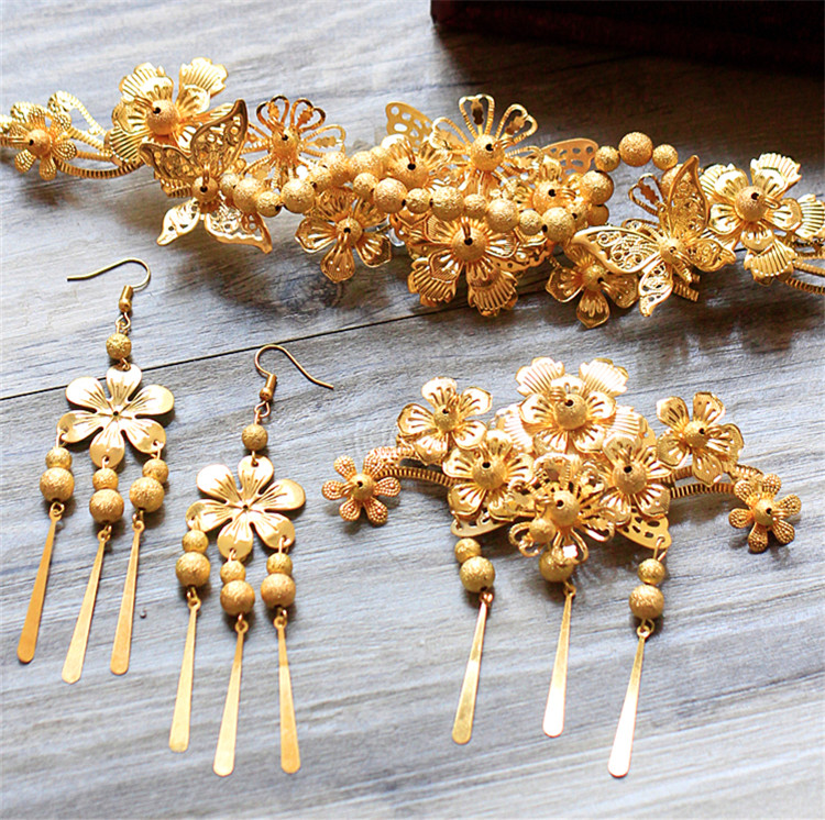 中式新娘步搖頭飾，金色古裝發(fā)飾套裝