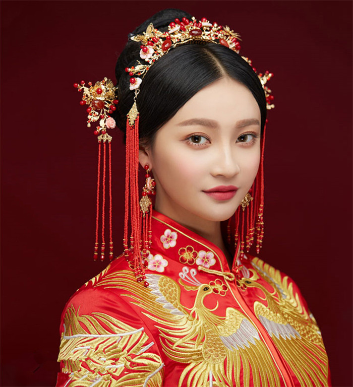 金底紅古風頭飾，復古貝殼花流蘇發(fā)簪