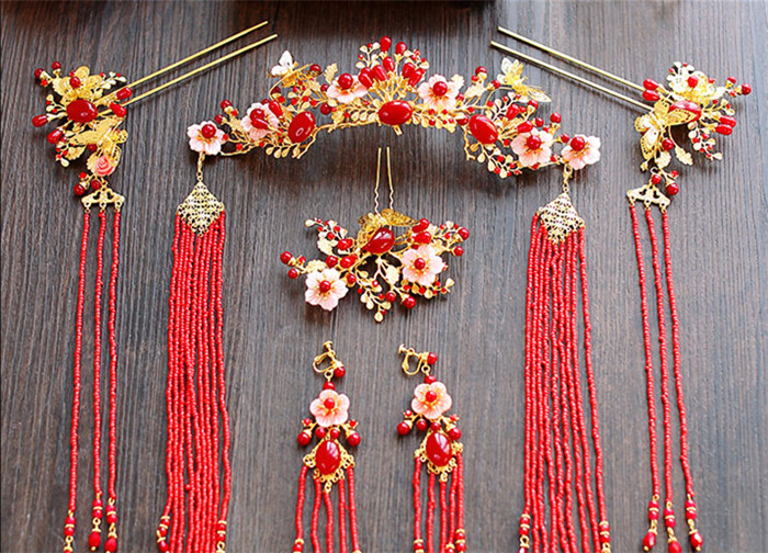 金底紅古風頭飾，復古貝殼花流蘇發(fā)簪