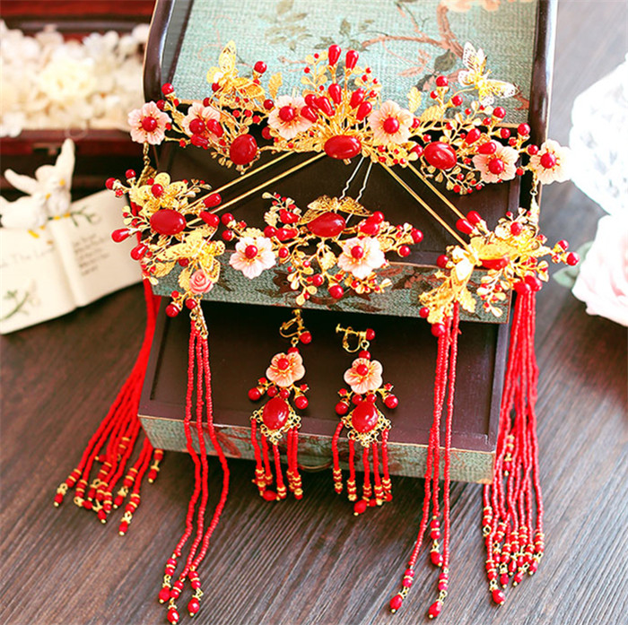 金底紅古風頭飾，復古貝殼花流蘇發(fā)簪