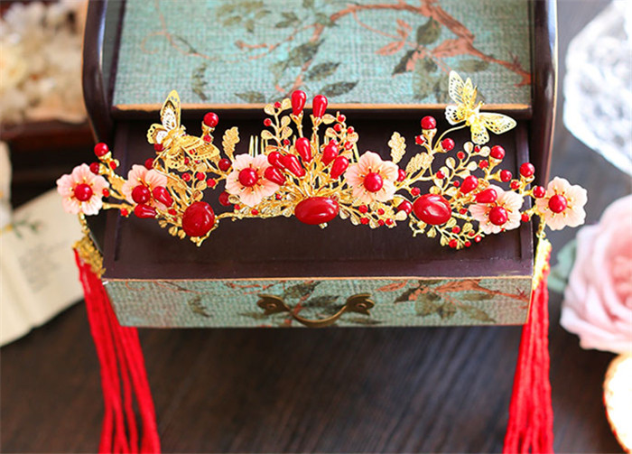 金底紅古風(fēng)頭飾，復(fù)古貝殼花流蘇發(fā)簪