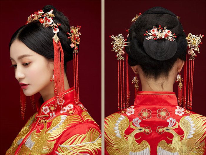 金底紅古風頭飾，復古貝殼花流蘇發(fā)簪